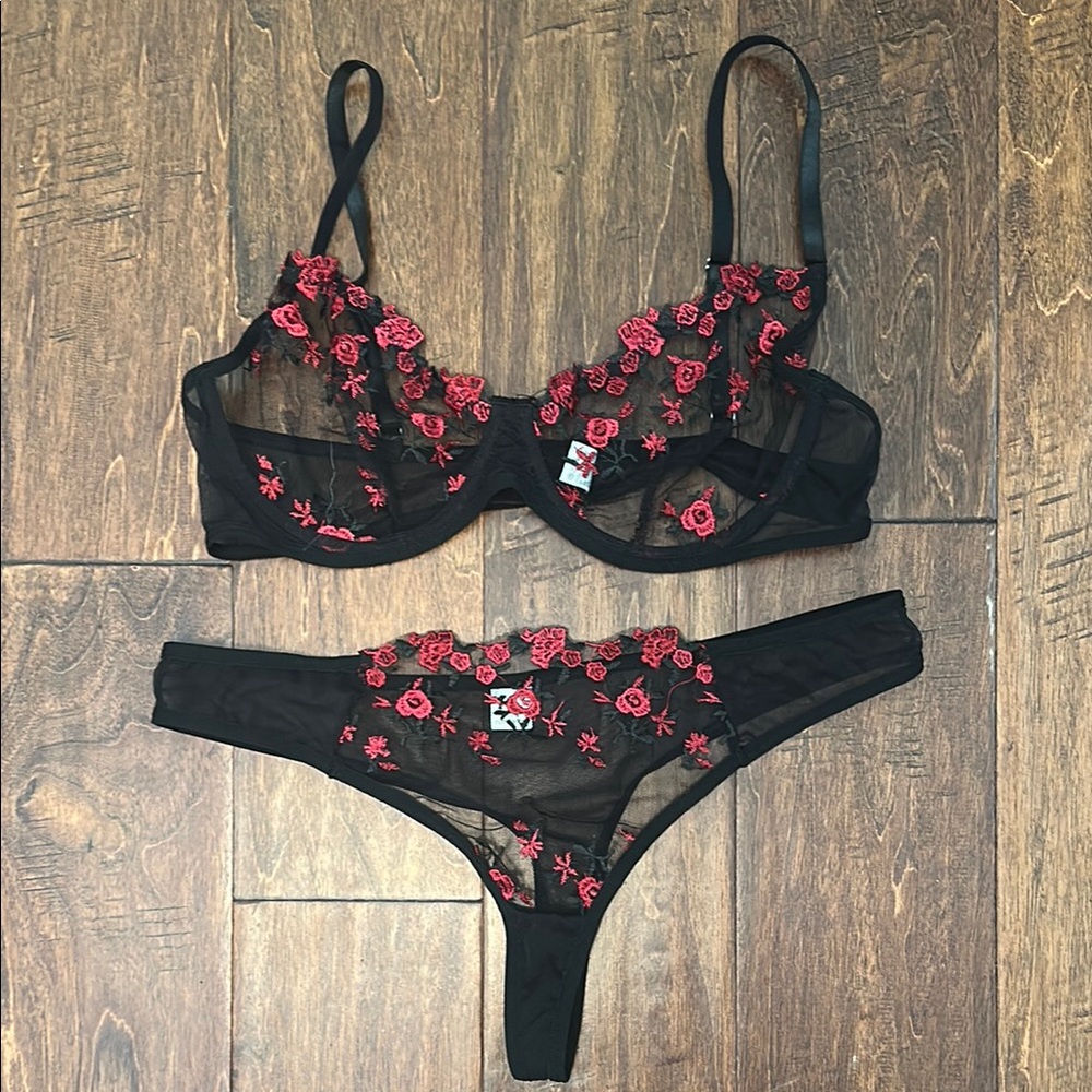 Elegant Black and Red Floral Lingerie Set